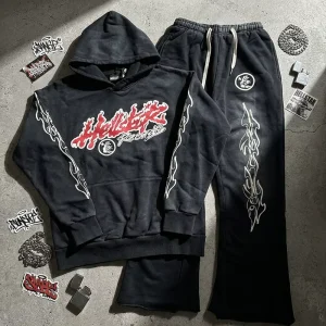 Stock Men’s Autumn Knitted 100% Cotton Washed Vintage Loose Hoodie Sweatpants Set with Tags NFC Scan