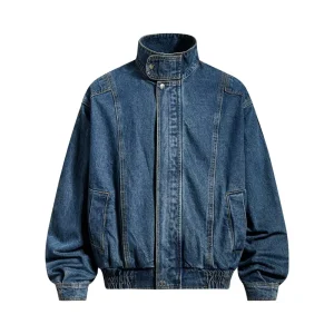 Stock Vintage Washed Denim Jacket Men’s Stand Up Collar Loose Bule Jackets for Men Long Sleeve Outwear Jacket