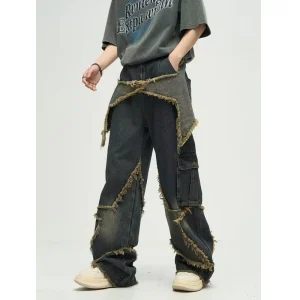 Straight Cargo Jean Baggy Washed Men Denim Jeans With Star Patches