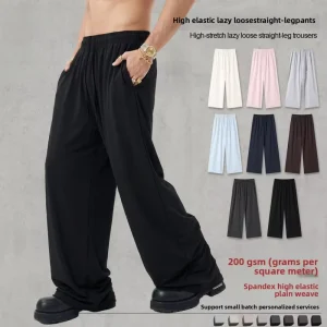 Street Dry Summer Men’s High Elastic Cotton Sports Casual Straight Drawstring Closure Loose Slimming Wide Pants