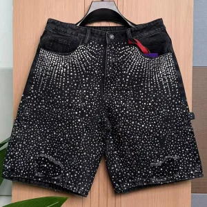 Street Fashion Style Diamond Jean Shorts Men Factory Custom Full Diamonds Breathable Rhinestone Denim Shorts Jorts