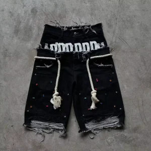 Street Wear Custom Men’s Distressed Double Waist Knees Rhinestone Cargo Jean Denim Shorts Jorts for Men