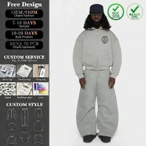 Streetwear Baggy Tracksuit Men Custom Logo Heavyweight Boxy Fit Full Zip Hoodie And Extreme Wide Leg Sweatpants 2 Piece Set
