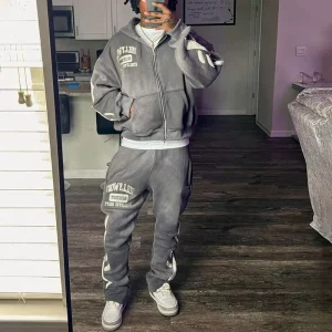 Streetwear Custom Acid Washed Vintage Tracksuit Men Distressed Patchwork Hoodie and Sweatpants Set Sweatsuit