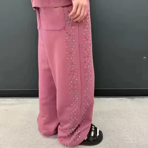 Streetwear Custom Men’s Oversized Cotton Fleece Vintage Acid Wash Rhinestone Sweatpants Jogger for Men
