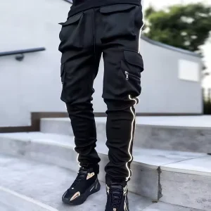 Streetwear Leisure Reflective Stripe 6 Multi Pocket Stacked Cargo Track Pants Men