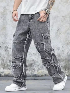 Streetwear Men’s Grey Washed Distressed Fringe Cargo Jeans Multi-Pocket Straight Leg Denim Pants