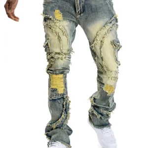 Streetwear Ripped Stacked Vintage Black Jeans Denim for Men’s Patchwork Jeans Trousers Pants