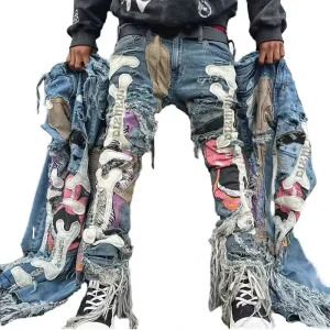 Streetwear Skinny Denim Jeans Men Damage Blue Applique Print Jeans Pants for Men
