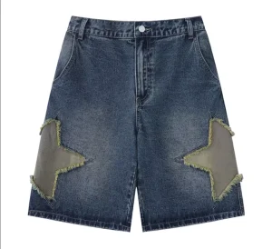 Streetwear Unique Chrome Heart Design Breathable Summer Mid Men’s Denim Shorts