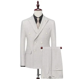 Stretch Beige Striped Business Casual Double-Breasted Peaked Lapel Blazer Pant Waistcoat 3-Pieces Slim Fit Men’s Suit