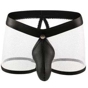 Stretched Mesh Fabric for Male Sexy Teen Boys in Transparent Mesh Leather Pants Men Boxer Underwear