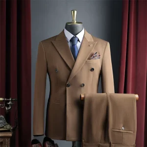 Stripe Poly Viscose Elastane Blend Double Breasted Peaked Lapel Blazer Stretch Waist Pant 2 Pieces Slim Fit Men’s Suit