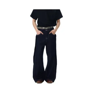 Stylish Double Waist Faux Two Piece Jeans Men Trendy American Retro Streetwear Button Washable Heavyweight ODM Primary