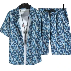 Summer Casual Beach Outfit Set Quick Drying Hawaii Men’s Button Up Collar Shirt Tropical Two Piece Set
