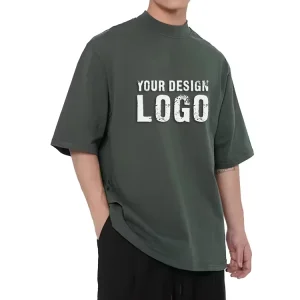 Summer Casual Turtleneck Mock Neck Vintage Men’s T Shirt High Quality 100% Cotton Heavyweight Oversized Mens T Shirts
