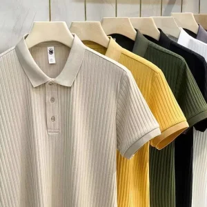 Summer Collar Knitted Slim Fit Pit Stripe Polo Shirt Short Sleeved Men’s Casual Versatile T Shirt