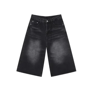 Summer High Street Silhouette Wide Leg Denim Shorts Draped Jeans Black Gray Men’s Casual Denim Shorts