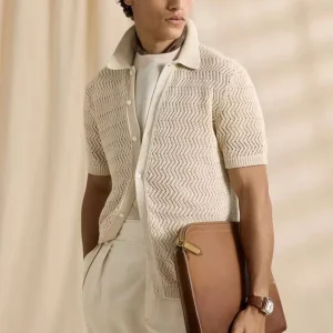 Summer Knitted Men’s Shrug Knitwear Rib Structured Short Sleeve Shirt White Style 100% Cotton Breathable