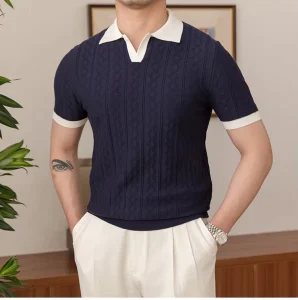 Summer Men’s 100% Lyocell Knitted Jacquard Soft Polo Contrast Color Short sleeved Fashion Casual Men’s Polo Shirt