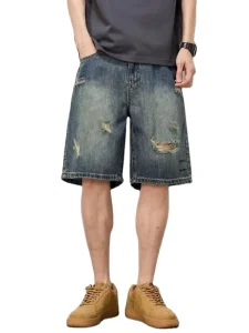 Summer Men’s American Ripped Denim Mid Waist Breathable High Street Trendy Vintage Straight Casual Shorts