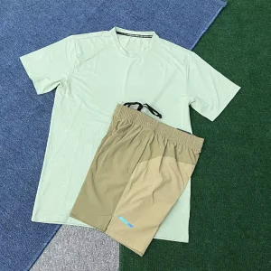 Summer Men’s Casual Solid 2 Piece Sports Set 100% Polyester Lightweight Breathable Quick Dry Activewear T Shirt Shorts Gym