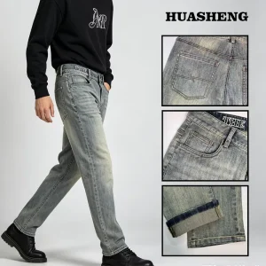 Summer Men’s Elastic Slim Straight Jeans Gray Casual Loose Fit Men Embroidery Stretch Jeans