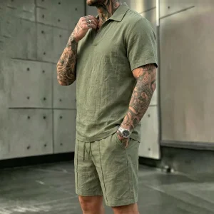 Summer Men’s Linen Casual Set High Quality Lapel Short Sleeve Shirt Shorts Two Piece Beach Vacation Fashion Set