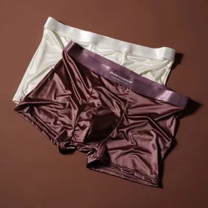 Summer Men’s Mid-Rise Boxer Shorts Satin Ice Silk Breathable Antibacterial Seamless Flat Corner Underwear