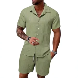 Summer Men’s Shirt Casual Loose Short Sleeve Striped 100% Bamboo Fiber Shorts Beach Rhinestone