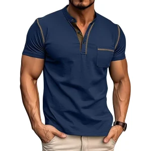Summer Men’s Short Sleeve Knitted Breathable Anti-Pilling T-shirt Foreign Trade Henry Shirt Color Matching
