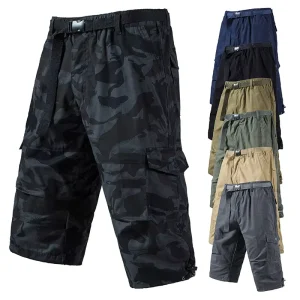 Summer Men’s Trendy Brand Capri Pants Multi Pocket Straight Casual Shorts with Drawstring Closure Plus Size Loose Workwear