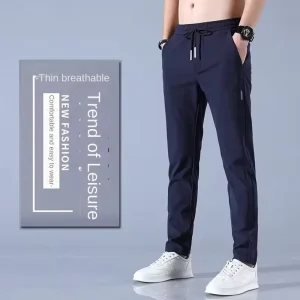 Summer New Design Straight Solid Color Casual Elastic Loose Breathable Ice Silk Men’s Thin Sports Trousers Pants