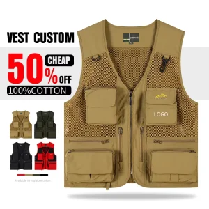 Summer Plus Men’s Vest Made 100% Pure Cotton with Multiple Pockets for Outdoor Leisure Work Travel Photography Custom Logo Vest
