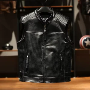 Summer Plus Size Derma Mesh Real Leather Waistcoat Male Outer Wear Casual Cowhide Motorcycle Sleeveless Jacket Vests