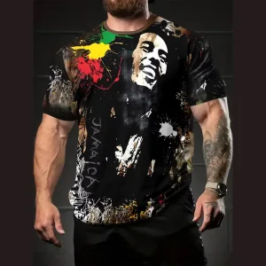 Summer Quick Drying Breathable Polyester Mesh Jamaican Style Splash Art 3D Printing Pattern Men’s T Shirt