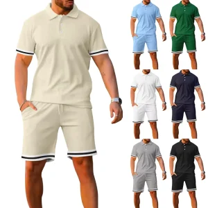 Summer Solid Color Men’s Breathable Terry Polo Shirt Lapel Short-sleeved Shorts Sports Casual Two Piece Set
