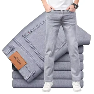 Summer Thin Men’s Elastic Cotton Jeans Fashion Gray Comfortable Business Straight Casual Pants Male Jeans