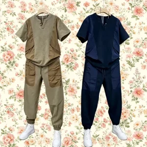 Summer Trendy Brand Bubble-Texture Crew-Neck Casual Men’s 100% Polyester Two-Piece Set Versatile Outdoor Workwear-Style Set