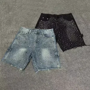 Summer Vintage Rhinestone Denim Shorts Acid Wash Hip Hop Y2k Shorts Manufacturer Distressed Denim Shorts Jeans for Men
