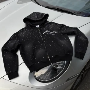 Sun Faded Men Hotfix Rhinestones Heavyweight 500GSM Zip Up Hoodie Distressed Washed Streetwear Manufacturer OEM