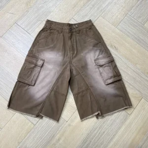 Sun Faded Vintage Pocket Button Acid Wash Streetwear Cargo Pure Cotton Distress Loose 3/4 Sweatpants Cutoff For Men
