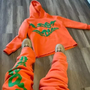 Sweatsuit Flared Sweatpants and Hoodie s Puff Printing Tracksuit Stacked Flared Jogger Pant Hoodie for Men’s