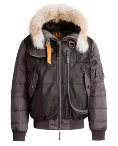 Synthetic Leather Waterproof Duck Down Bomber Jacket With Fake Fur Hood