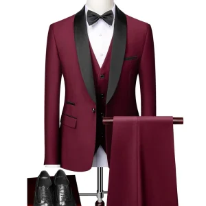 TR Ball Gowns Prom Tux Burgundy 3 Pieces Men’s Tuxedo Suit Slim Fit