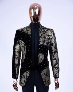 Tailored Gold Floral Pattern Men’s Suit 2 Piece Jacket and Pants Formal Suits