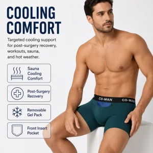 Targeted Cooling Support Sauna Post Surgery Post Workout Summer Heat Relief Removable Gel Pack Customizable Mens Boxer Briefs