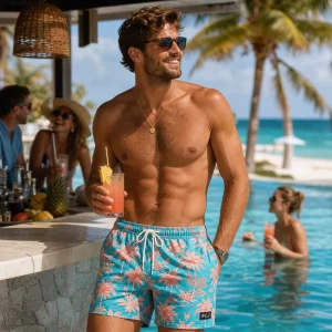 Teal Palm Print Mens Swim Shorts 2 in 1 Board Shorts Quick Dry Beach Trunks with Compression Liner Supplier