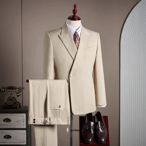 Tencel Blend Casual Formal One Button Double Breasted Peaked Two Vent Blazer Trouser Slim Fit 2 Pieces Men’s Suit