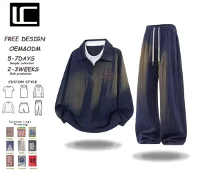 Textured Knit Men’s Tracksuit Solid Color Collared Pullover High Waist Wide Leg Pants Comfy Casual Men’s Set